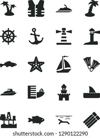 Solid Black Vector Icon Set - anchor vector, small fish, commercial seaport, lighthouse, coastal, sand castle, sail boat, hotel, beach, palm tree, starfish, flippers, handwheel, life vest, jet ski