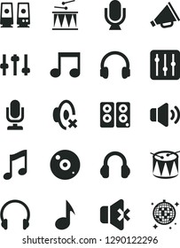 Solid Black Vector Icon Set - desktop microphone vector, horn, silent mode, drumroll, drum, headphones, music, regulator, volume, no sound, cd, pc speaker, note, settings, disco ball