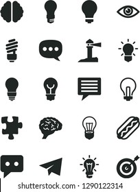 Solid Black Vector Icon Set - image of thought vector, matte light bulb, incandescent lamp, paper airplane, Puzzle, saving, eye, Hot Dog, coastal lighthouse, think, speech, brain, target