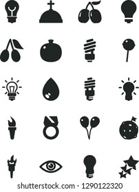 Solid Black Vector Icon Set - matte light bulb vector, colored air balloons, saving, eye, drop, Chupa Chups, pomegranate, cornels, tasty, energy, flame torch, flag on moon, gold ring, three stars