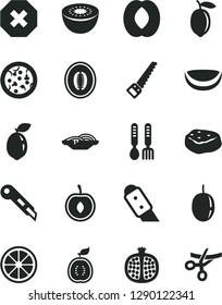 Solid Black Vector Icon Set - mark of injury vector, iron fork spoons, arm saw, knife, stationery, pizza, slices onion, piece meat, half pomegranate, peach, melon, cherry, passion fruit, lemon, kiwi