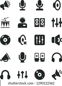 Solid Black Vector Icon Set - desktop microphone vector, horn, loudspeaker, silent mode, drumroll, regulator, no sound, operator, cd, headphones, pc speaker, settings