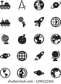 Solid Black Vector Icon Set - sign of the planet vector, globe, earth, scribed compasses, space rocket, core, saturn, lunar rover, man hold world, flag on moon
