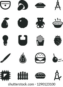 Solid Black Vector Icon Set - tassel vector, bib, small teddy bear, sink, hedge, core, big burger, porcini, pie, apple, porridge in a saucepan, cabbage, fried potato slices, pear, tasty raspberry