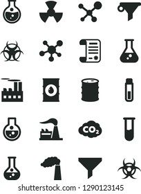 Solid Black Vector Icon Set - round flask vector, manufacture, factory, oil, barrel, industrial building, radiation, carbon dyoxide, filter, water, research article, test tube, molecule, biohazard