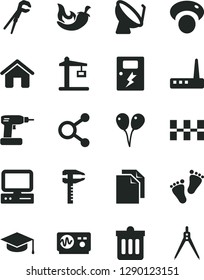 Solid Black Vector Icon Set - clean paper vector, footprints, colored air balloons, house, adjustable wrench, cordless drill, ceramic tiles, dangers, dust bin, square academic hat, chili, mashroom