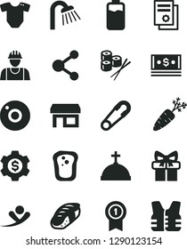 Solid Black Vector Icon Set - camera vector, t short, safety pin, builder, shower, sushi set, sandwich, carrot, charge level, stall, connection, cash, scientific publication, gift, dollar gear