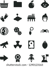 Solid Black Vector Icon Set - right direction vector, grocery basket, funny hairdo, children's tracks, yule, winter hat, plummet, tamarillo, guava, industrial enterprise, gears, radiation, hdd