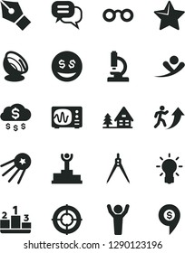 Solid Black Vector Icon Set - star vector, pedestal, microscope, glasses, bulb, oscilloscope, drawing compass, satellite antenna, ink pen, winner podium, man arrow up, hands, aim, dialog, money rain