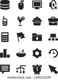 Solid Black Vector Icon Set - image of thought vector, monitor window, silent mode, bar chart, upload folder, toys over the cradle, cogwheel, alarm clock, flag, suitcase, muffin, cocktail, scheme