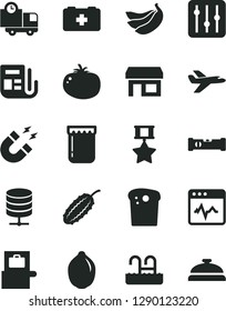 Solid Black Vector Icon Set - bag of a paramedic vector, construction level, cardiogram, regulator, big data server, delivery, Easter cake, tomato, jam, bananas, lime, cucumber, stall, morning paper