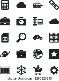 Solid Black Vector Icon Set - briefcase vector, spectacles, window frame, city block, camera, put in cart, planet, electric transport, processor, SIM card, cloud, zoom, calculator, saturn, 3d cube