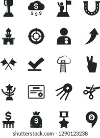 Solid Black Vector Icon Set - dollars vector, gold cup, star, man with medal, flag, hero, certificate, aim, cross flags, arrow up, vote check, money rain, dollar column, first satellite, luck, pin
