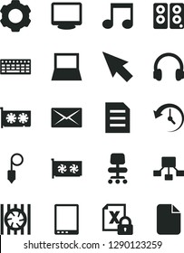 Solid Black Vector Icon Set - plummet vector, hierarchical scheme, tablet pc, notebook, radiator fan, encrypting, keyboard, gpu card, monitor, headphones, speaker, note, chair, mail, history, cursor