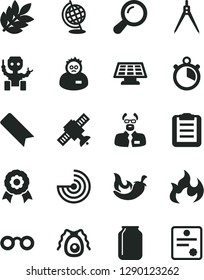 Solid Black Vector Icon Set - bookmark vector, chili, jar, glasses, zoom, satellite, bactery, globe, flame, scientist, clipboard, drawing compass, radar, medal, robot, sun panel, biology, stopwatch