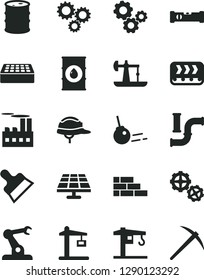 Solid Black Vector Icon Set - crane vector, brick wall, gears, construction level, helmet, putty knife, core, solar panel, oil derrick, water pipes, barrel, industrial building, conveyor, three