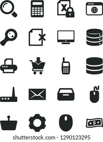 Solid Black Vector Icon Set - envelope vector, magnifier, screen, big data, drawer, delete page, put in cart, shopping basket, magnifying glass, mobile phone, encrypting, mouse, router, printer