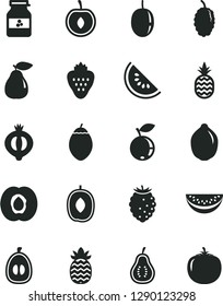 Solid Black Vector Icon Set - jar of jam vector, strawberry, a pineapple, half apricot, pear, medlar, tasty raspberry, blueberry, mulberry, slice water melon, delicious plum, loquat, cherry, lime