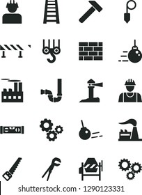 Solid Black Vector Icon Set - builder vector, brickwork, winch hook, big core, concrete mixer, adjustable wrench, arm saw, stepladder, siphon, building level, plummet, road fence, hammer, factory