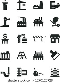 Solid Black Vector Icon Set - tower crane vector, concrete mixer, ladder, siphon, city block, putty knife, road fence, core, hydroelectricity, industrial building, thermal power plant, factory