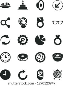 Solid Black Vector Icon Set - renewal vector, clockwise, loudspeaker, roly poly doll, birthday cake, star gear, wall clock, left bottom arrow, pizza, onion, with a hole, kiwi, connections, watch