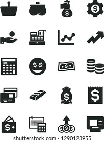 Solid Black Vector Icon Set - growth up vector, graph, calculation, cards, shopping basket, coins, financial item, catch a coin, purse, engineer calculator, cash machine, gold bar, money bag hand