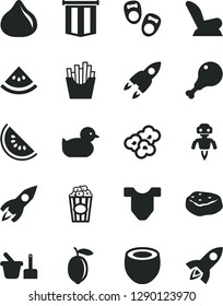 Solid Black Vector Icon Set - Child T shirt vector, car seat, baby duckling, toy sand set, shoes for little children, chicken leg, piece of meat, French fries, popcorn, cup, fig, slice water melon