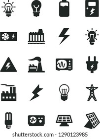 Solid Black Vector Icon Set - lightning vector, danger of electricity, dangers, bulb, charge level, factory, hydroelectricity, power line, plug, industrial building, mercury light, pc supply