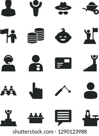 Solid Black Vector Icon Set - image of thought vector, hat with glasses, funny hairdo, garden trolley, index finger, pass card, coins, welding, court hearing, woman, man, operator, conversation