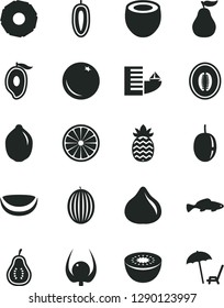 Solid Black Vector Icon Set - small fish vector, orange, fig, melon, half of mango, passion fruit, sweet date, lime, kiwi, piece coconut, pineapple, slice, ripe guava, part, physalis, hotel