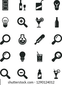 Solid Black Vector Icon Set - magnifier vector, zoom, out, mercury thermometer, e, bulb, interroom door, a glass of soda, cocktail, liquor, bottle, magnifying, flask, wine