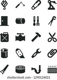 Solid Black Vector Icon Set - scissors vector, safety pin, iron fork spoons, hook, adjustable wrench, hand saw, sewerage, ntrance door, knife, hammer, clip, canned goods, valve, canister, pipe