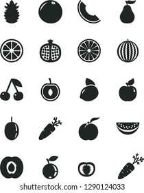 Solid Black Vector Icon Set - carrot vector, cherry, ripe peach, half apricot, pomegranate, blueberry, water melon, slice of, passion fruit, yellow lemon, juicy, orange, pineapple, grapefruit, guava