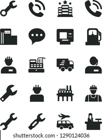 Solid Black Vector Icon Set - repair key vector, builder, workman, speech, phone call, gas station, modern, industrial enterprise, steel, dispatcher, Express delivery, cash machine, atm, hotel