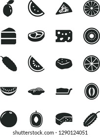 Solid Black Vector Icon Set - piece of cheese vector, pizza, slices onion, cake, slice, bacon, meat, cucumber, orange, water melon, delicious plum, half, kiwi, sour lime, lemon, grapefruit