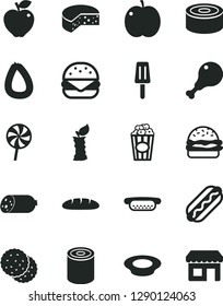 Solid Black Vector Icon Set - sausage vector, stick of, cheese, loaf, canned goods, tin, Hot Dog, mini, big burger, a plate milk, chicken leg, lollipop, cup popcorn, popsicle, biscuit, apple, red