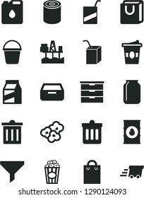 Solid Black Vector Icon Set - bin vector, storage unit, e, packing of juice with a straw, bucket, dust, drawer, bag handles, package, tin, popcorn, cup, coffe to go, commercial seaport, oil, jar