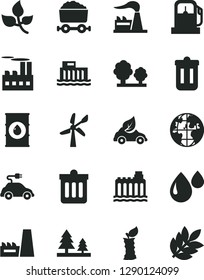 Solid Black Vector Icon Set - dust bin vector, apple stub, leaves, gas station, wind energy, factory, oil, hydroelectric, hydroelectricity, trees, forest, industrial building, thermal power plant