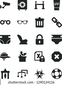 Solid Black Vector Icon Set - mark of injury vector, spectacles, toys over the cot, diaper, nappy, car child seat, helmet, dust bin, lock, strongbox, encrypting, glasses, biohazard, rope barrier