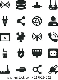 Solid Black Vector Icon Set - Puzzle vector, power socket type f, plug, electric, connection, connections, dispatcher, phone call, mobile, router, network, browser, connect, lan connector, wireless