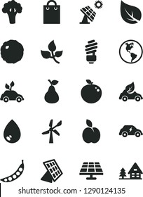 Solid Black Vector Icon Set - saving light bulb vector, drop, cabbage, apple, pear, delicious, peas, broccoli, solar panel, big, leaves, leaf, wind energy, planet Earth, eco car, electric, bag, sun