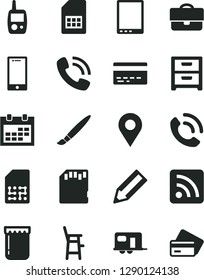 Solid Black Vector Icon Set - tassel vector, calendar, bank card, rss feed, toy mobile phone, a chair for feeding child, smartphone, nightstand, call, jam, SIM, location, portfolio, pencil, sd