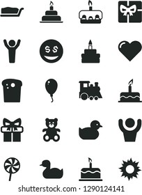 Solid Black Vector Icon Set - rubber duck vector, baby duckling, teddy bear, children's train, balloon, cake, birthday, heart, Easter, slice, torte, lollipop, gift, giftbox, man hands up, sun