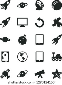 Solid Black Vector Icon Set - monitor vector, counterclockwise, bath ball, planet, Earth, tablet pc, hdd, telescope, satellite, antenna, saturn, rocket, lunar rover, flag on moon, starfish
