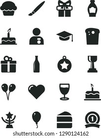 Solid Black Vector Icon Set - tassel vector, colored air balloons, balloon, cake, heart, gift, square academic hat, Easter, piece of, glass, bottle, gold cup, star, man with medal, ribbon