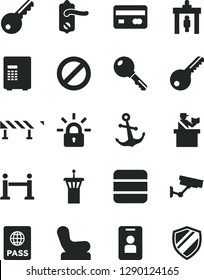 Solid Black Vector Icon Set - prohibition vector, Baby chair, key, door knob, road fence, anchor, passport, reverse side of a bank card, big data, encrypting, airport tower, rope barrier, access