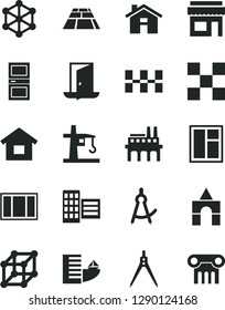 Solid Black Vector Icon Set - house vector, box of bricks, dwelling, window, frame, interroom door, city block, tile, ceramic tiles, paving slab, industrial enterprise, tower crane, drawing compass