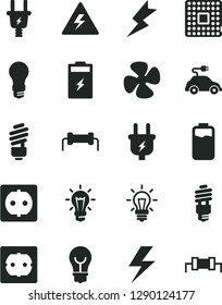 Solid Black Vector Icon Set - lightning vector, danger of electricity, saving light bulb, power socket type f, fan screw, charge level, charging battery, plug, electric, energy, car, processor