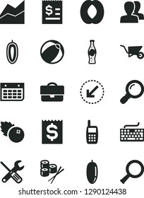 Solid Black Vector Icon Set - keyboard vector, women, line chart, baby bath ball, building trolley, small tools, left bottom arrow, sushi set, bottle of soda, blueberries, half peach, date fruit