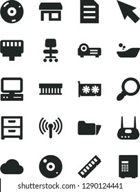 Solid Black Vector Icon Set - children's bathroom vector, nightstand, stall, computer, radiator fan, memory, gpu card, router, cd, folder, lan connector, wireless, projector, magnifier, chair, cloud